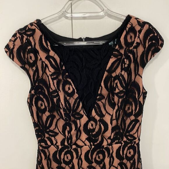 EVA FRANCO Anthropologie black pink lace sheer front midi cocktail dress S - Picture 2 of 9
